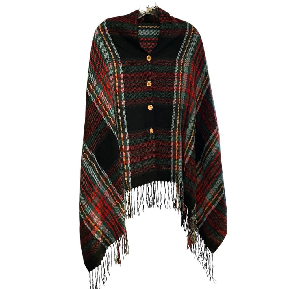Lightweight Plaid Scarf Wrap One Size Fits All Button Details & Fringe Bottom